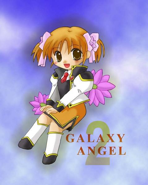 apricot_sakuraba blue_background copyright_name flower galaxy_angel galaxy_angel_rune long_sleeves orange_skirt pencil_skirt ribbon skirt solo twintails usanosuke
