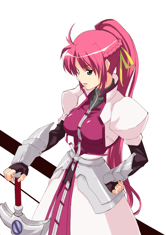 arm_guards breasts cropped_jacket date_(senpen) faulds fingerless_gloves gloves green_eyes hand_on_hilt hand_on_hip jacket levantine long_hair long_sleeves looking_at_viewer lyrical_nanoha magical_girl mahou_shoujo_lyrical_nanoha mahou_shoujo_lyrical_nanoha_a's medium_breasts open_clothes open_jacket pink_hair ponytail puffy_sleeves signum simple_background solo standing sword very_long_hair waist_cape weapon