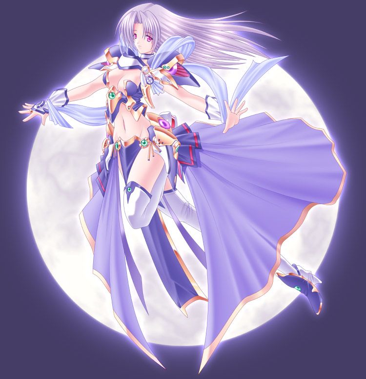 albino artist_request breasts character_request choker copyright_request full_moon gloves large_breasts long_hair midriff moon navel pauldrons red_eyes sash silver_hair solo tabard thighhighs white_legwear
