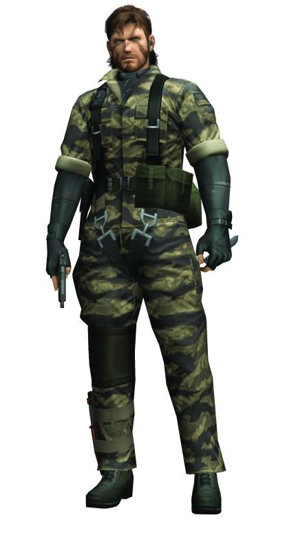 artist_request brown_hair fingerless_gloves gloves gun male_focus metal_gear_(series) metal_gear_solid_3 naked_snake simple_background solo weapon white_background