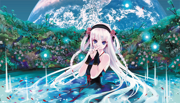 blue_eyes cradle_(artist) dress earth flower gloves hairband kuroya_shinobu long_hair nature original scenery solo space water white_hair