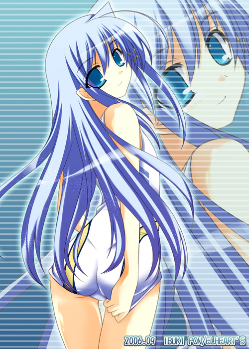 2006 adjusting_clothes adjusting_swimsuit ahoge ass blue_eyes blue_hair flat_chest from_behind head_tilt ibuki_pon long_hair looking_back lyrical_nanoha mahou_shoujo_lyrical_nanoha mahou_shoujo_lyrical_nanoha_a's mahou_shoujo_lyrical_nanoha_strikers one-piece_swimsuit reinforce_zwei smile solo swimsuit thigh_gap trefoil zoom_layer