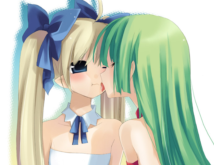 blonde_hair blue_eyes green_hair kiss multiple_girls original ribbon sazaki_ichiri twintails yuri