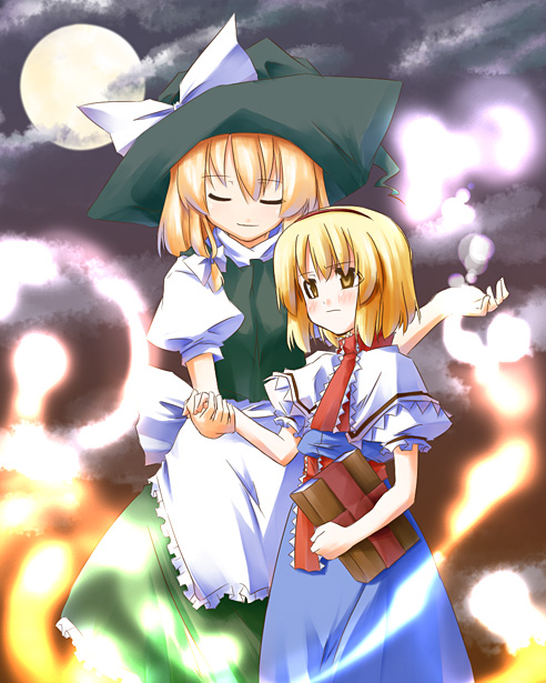 alice_margatroid apron blonde_hair blue_dress blush book brown_eyes capelet closed_eyes cravat dress full_body grimoire hat holding holding_hands kirisame_marisa multiple_girls puffy_short_sleeves puffy_sleeves sakuraba_yuuki short_sleeves standing touhou waist_apron wavy_mouth witch_hat