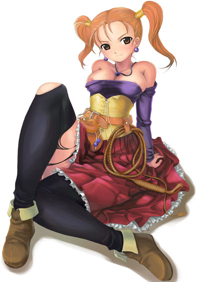 breasts corset dragon_quest dragon_quest_viii dress jessica_albert long_sleeves mikazuki_akira! nipple_slip nipples purple_shirt red_hair shirt skirt small_breasts solo strapless strapless_dress thighhighs twintails whip