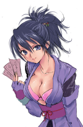 artist_request black_hair bra breasts cleavage elbow_gloves fingerless_gloves fujibayashi_shiina gloves japanese_clothes large_breasts lingerie long_sleeves ninja purple_eyes short_hair solo tales_of_(series) tales_of_symphonia underwear