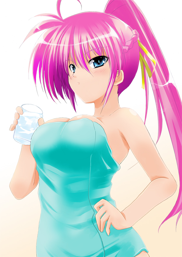 bare_shoulders blue_eyes impossible_towel lyrical_nanoha mahou_shoujo_lyrical_nanoha mahou_shoujo_lyrical_nanoha_a's naked_towel pink_hair purple_hair signum solo towel yokoyama_kouji