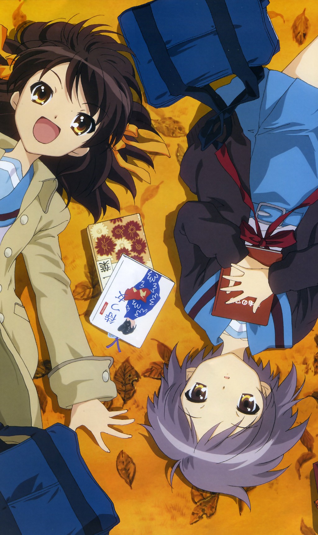 :d autumn autumn_leaves bag bag_removed bangs black_cardigan blue_skirt book bookmark brown_hair cardigan coat cowboy_shot eyebrows_visible_through_hair from_above hair_ribbon highres ikeda_shouko kita_high_school_uniform long_sleeves lying medium_hair miniskirt multiple_girls nagato_yuki neck_ribbon on_back on_ground open_cardigan open_clothes open_coat open_mouth own_hands_together parted_lips purple_hair red_neckwear red_ribbon ribbon school_bag school_uniform serafuku short_hair skirt smile spread_fingers suzumiya_haruhi suzumiya_haruhi_no_yuuutsu unbuttoned upside-down yellow_background yellow_coat yellow_eyes