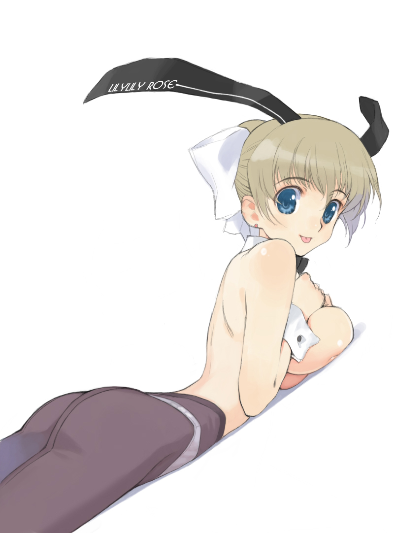 animal_ears ass back-seamed_legwear breast_press breasts bunny_ears bunny_girl clothes_writing detached_collar earrings eyebrows_visible_through_hair fake_animal_ears jewelry large_breasts mibu_natsuki original panties panties_under_pantyhose pantyhose seamed_legwear solo tongue tongue_out topless underwear updo wrist_cuffs
