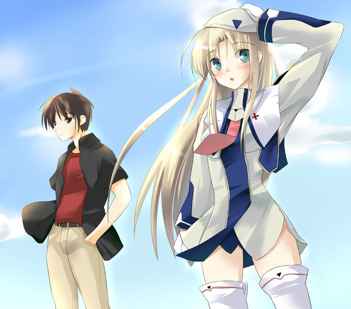 1girl :o artist_request belt beret black_jacket blue_sky blush cloud day green_eyes hands_in_pockets hat jacket long_hair long_sleeves looking_to_the_side necktie open_clothes open_jacket original outdoors pants parted_lips red_neckwear red_shirt shirt short_sleeves sky standing t-shirt thighhighs uniform very_long_hair white_legwear zettai_ryouiki