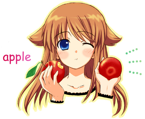 apple food fruit holding holding_food holding_fruit kurumu long_sleeves lowres miyashiro_karin solo suigetsu