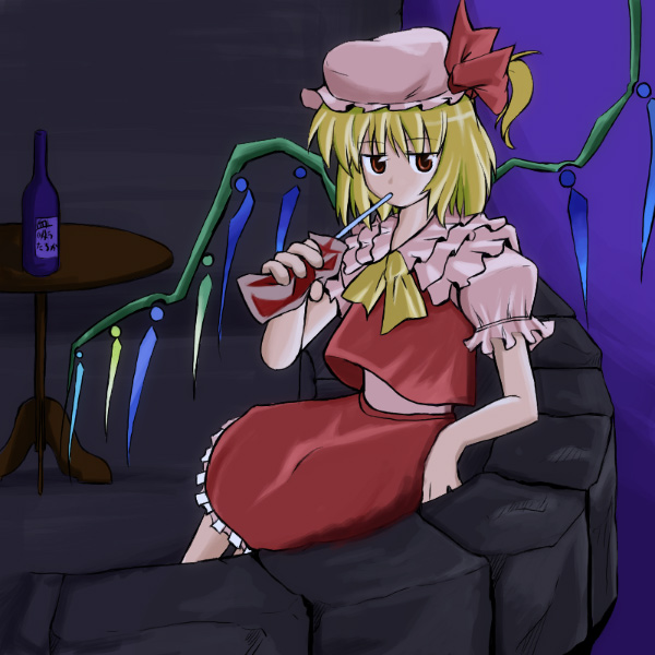 artist_request blonde_hair blood blood_bag drinking flandre_scarlet hat red_eyes solo touhou wings