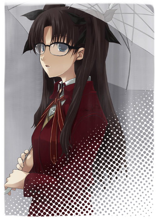 artist_request bangs bespectacled black-framed_eyewear black_hair black_ribbon blue_eyes border breasts coat cropped fate/stay_night fate_(series) from_side glasses hair_ribbon holding holding_umbrella long_sleeves neck_ribbon over-rim_eyewear parted_bangs parted_lips rain red_coat red_neckwear red_ribbon ribbon school_uniform semi-rimless_eyewear small_breasts solo standing toosaka_rin transparent transparent_umbrella two_side_up umbrella upper_body white_border