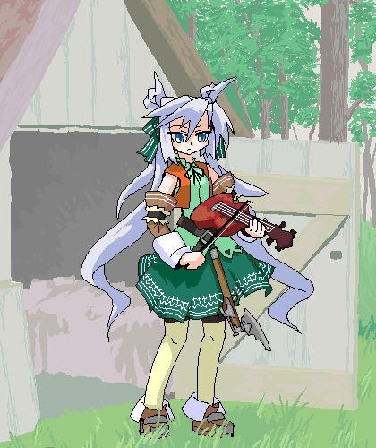 barn dress instrument long_hair long_sleeves lowres mof mof's_silver_haired_twintailed_girl oekaki original silver_hair solo violin