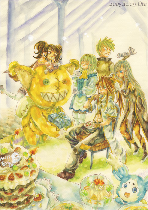 2boys 3girls anise_tatlin artist_request blue_eyes brown_hair cake eating everyone food gift guy_cecil long_sleeves luke_fon_fabre mieu multiple_boys multiple_girls pastry stitches tales_of_(series) tales_of_the_abyss tea tea_set teapot tear_grants teeth tokunaga twintails
