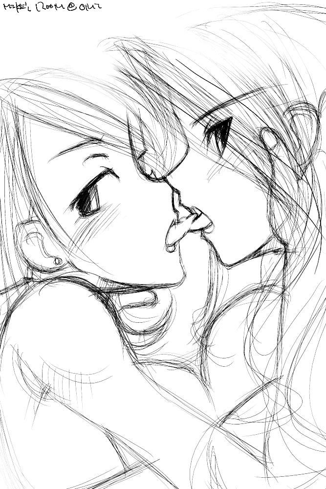 copyright_request greyscale kiss mike156 monochrome multiple_girls oekaki yuri