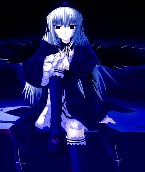 artist_request black_dress black_legwear black_wings closed_mouth detached_collar dress expressionless frilled_sleeves frills hair_between_eyes hairband leg_garter lolita_hairband long_hair long_sleeves pumps rozen_maiden silver_hair solo suigintou thighhighs very_long_hair wings