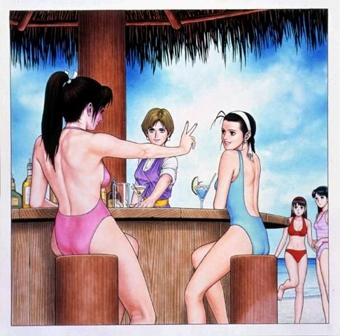 90s antenna_hair asamiya_athena ass back bar beach bikini black_hair blonde_hair casual_one-piece_swimsuit day drink earrings fatal_fury hair_pulled_back hairband jewelry kagura_chizuru king_(snk) long_hair lowres mori_toshiaki multiple_girls official_art oldschool one-piece_swimsuit outdoors pink_swimsuit ponytail ryuuko_no_ken shiranui_mai sitting smile snk stool swimsuit the_king_of_fighters toudou_kasumi tropical_drink v