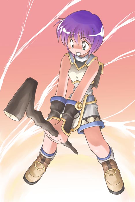 :d ankle_boots arm_warmers artist_request backpack bag bare_shoulders belt blue_hair blush boots full_body green_eyes hands_together holding holding_wand open_mouth purple_hair ragnarok_online rod short_hair shorts sleeveless smile solo staff standing super_novice v_arms vest wand