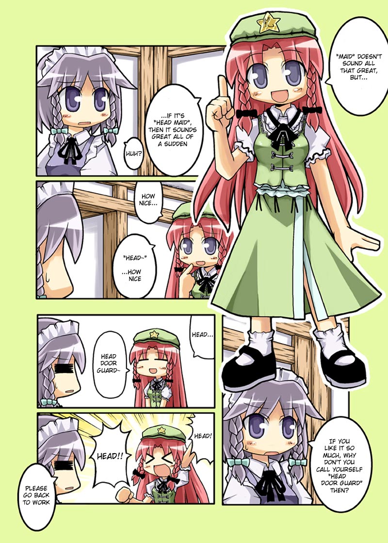 &gt;_&lt; blue_eyes blush braid chinese_clothes closed_eyes collared_shirt comic finger_to_face hard_translated hat herada_mitsuru hong_meiling index_finger_raised indoors izayoi_sakuya long_hair maid maid_headdress multiple_girls neck_ribbon open_mouth puffy_short_sleeves puffy_sleeves red_hair ribbon shirt shoes short_hair short_sleeves silver_hair smile socks star tangzhuang touhou translated twin_braids