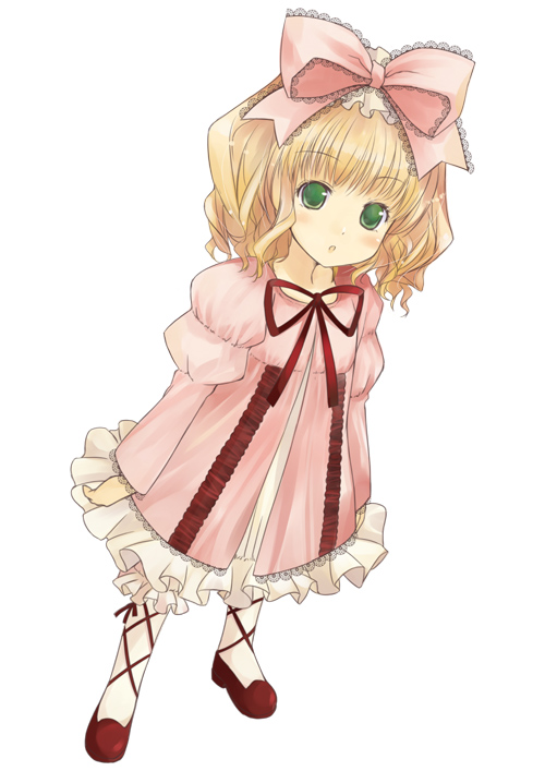 blonde_hair bloomers bow dress dutch_angle expressionless full_body hair_bow hina_ichigo long_sleeves looking_at_viewer mizuki_makoto open_mouth petticoat pink_bow puffy_sleeves ribbon rozen_maiden short_hair simple_background solo standing underwear