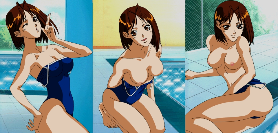 ;o antenna_hair arm_support artist_request breasts brown_eyes brown_hair cleavage covered_navel covered_nipples fence fingernails game_cg kneeling large_breasts looking_at_viewer multiple_views navel nipples one-piece_swimsuit one_eye_closed pool poolside sitting smile sparkle swimsuit swimsuit_pull undressing vs_mahjong_otome_ryouran water