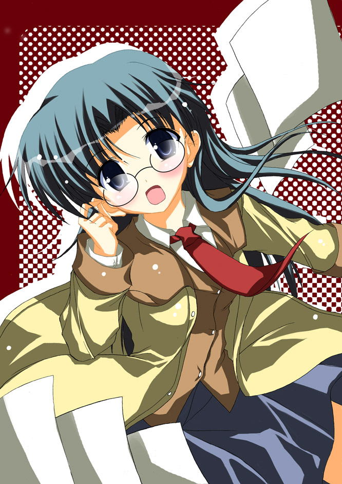 :d adjusting_eyewear artist_request blazer blue_eyes blue_hair blue_skirt blush glasses jacket long_hair long_sleeves looking_at_viewer necktie open_clothes open_jacket open_mouth read_or_die red_neckwear skirt smile solo very_long_hair yomiko_readman