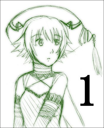 1girl atoli_(.hack//) detached_collar green hat looking_to_the_side lowres monochrome short_hair sketch solo upper_body yuura_shiu