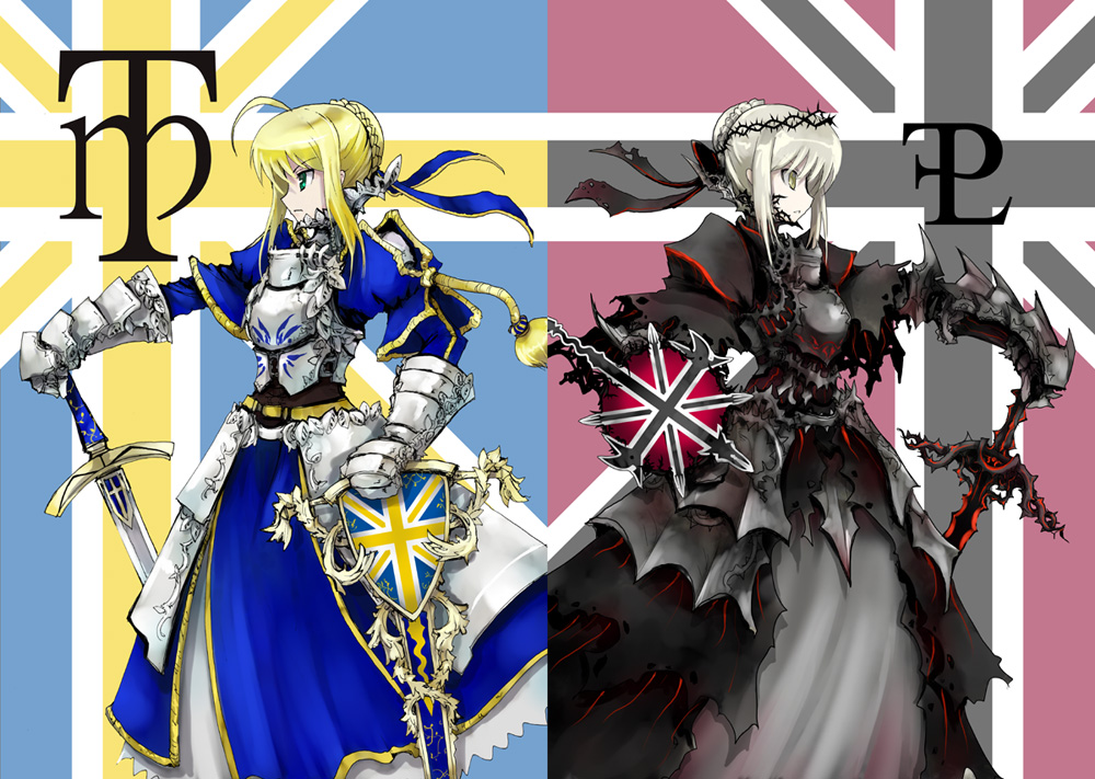 armor armored_dress artoria_pendragon_(all) avalon_(fate/stay_night) black_armor blonde_hair dark_excalibur dress dual_persona excalibur fate/stay_night fate_(series) long_sleeves multiple_girls pfalz saber saber_alter sheath shield sword weapon