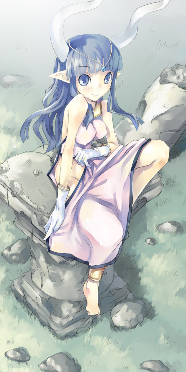 barefoot blue_eyes blue_hair breasts covered_nipples gloves highres horns jewelry long_hair medium_breasts mikage_sekizai no_panties original pillar pointy_ears side_slit smile solo