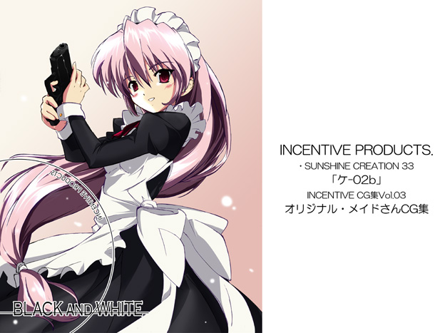 beruchin_(incentive) circle_cut gun handgun holding holding_gun holding_weapon long_sleeves maid original pink_hair pistol red_eyes solo weapon