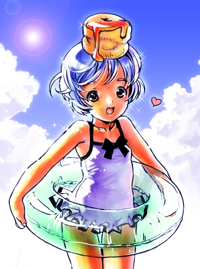 :d bisuke-tan blue_hair bow casual_one-piece_swimsuit frilled_swimsuit frills heart innertube kfc nekomata_naomi object_on_head one-piece_swimsuit open_mouth short_hair smile solo sparkle sun swimsuit thigh_gap