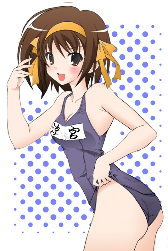 brown_hair name_tag naturalton one-piece_swimsuit school_swimsuit short_hair solo suzumiya_haruhi suzumiya_haruhi_no_yuuutsu swimsuit