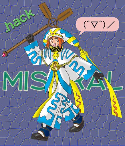 .hack//games 1girl artist_request long_sleeves mistral_(.hack//) one_eye_closed solo staff