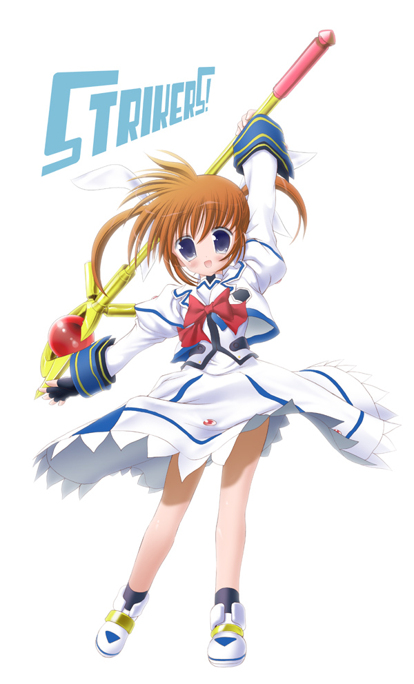 :d arm_up artist_request blush bow brown_hair copyright_name cropped_jacket dress fingerless_gloves full_body gloves juliet_sleeves long_skirt long_sleeves looking_at_viewer lyrical_nanoha magical_girl mahou_shoujo_lyrical_nanoha mahou_shoujo_lyrical_nanoha_a's mahou_shoujo_lyrical_nanoha_strikers open_mouth puffy_sleeves purple_eyes raising_heart red_bow shoes short_hair skirt smile solo staff standing takamachi_nanoha twintails white_background white_dress white_footwear