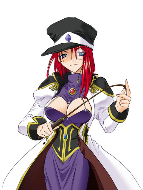 breasts dress forte_stollen galaxy_angel hat large_breasts long_sleeves monocle purple_dress riding_crop solo whip