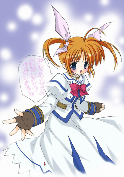 ahoge artist_request blue_eyes blush bow brown_gloves brown_hair dress fingerless_gloves gloves hair_bow juliet_sleeves light_particles long_sleeves looking_at_viewer lyrical_nanoha mahou_shoujo_lyrical_nanoha mahou_shoujo_lyrical_nanoha_a's outstretched_hand puffy_sleeves red_bow short_hair smile solo takamachi_nanoha twintails white_bow white_dress