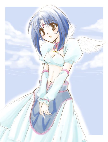 .hack//sign 1girl arm_warmers artist_request blue_hair brown_eyes cowboy_shot detached_collar dress facial_mark forehead_mark looking_at_viewer midriff puffy_sleeves short_hair smile solo subaru_(.hack//) v_arms white_dress white_wings wings