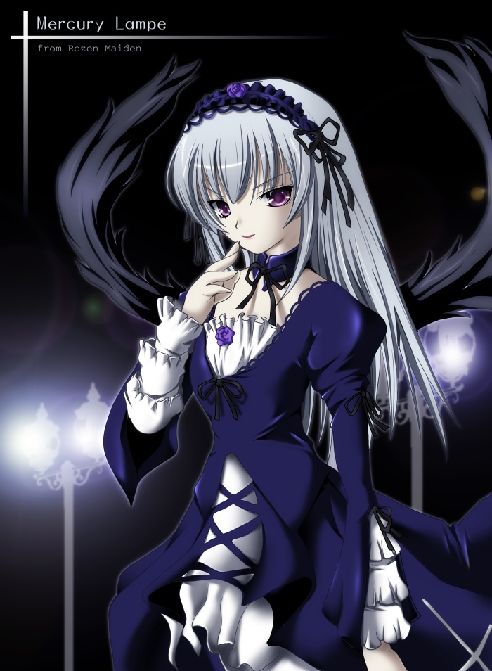 artist_request long_sleeves pale_skin purple_eyes rozen_maiden silver_hair solo suigintou wings