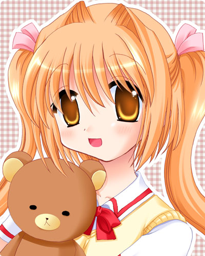 artist_request copyright_request long_hair lowres orange_hair solo stuffed_animal stuffed_toy teddy_bear twintails yellow_eyes