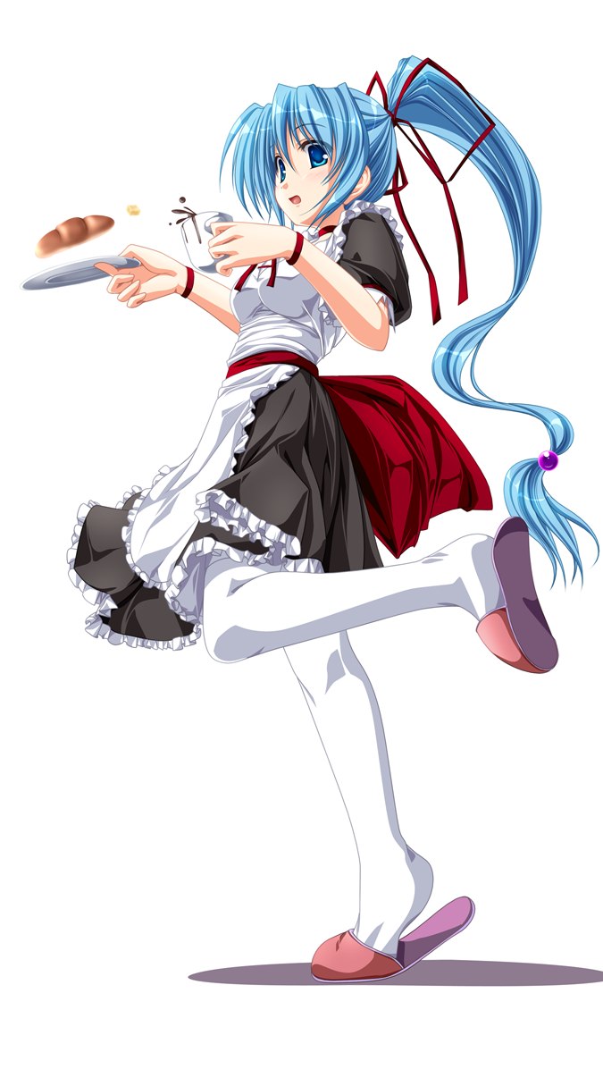 apron blue_hair coffee copyright_request highres long_hair maid slippers solo tenmaso thighhighs very_long_hair