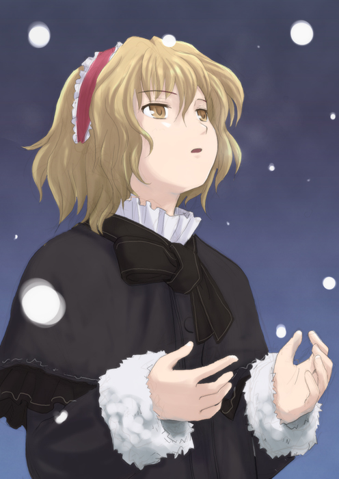 alice_margatroid black_capelet blonde_hair capelet hairband haniwa_(leaf_garden) long_sleeves short_hair snowing solo touhou
