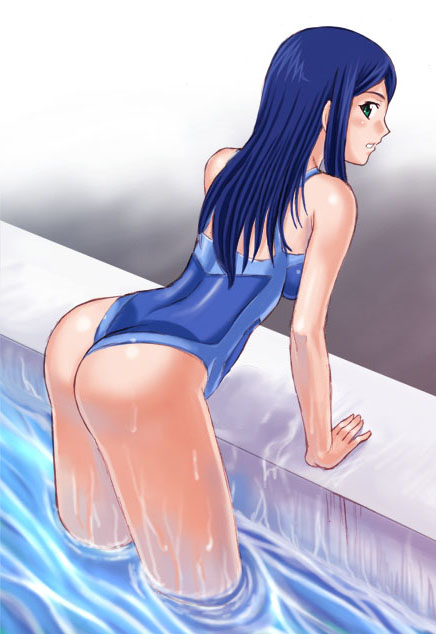 arm_support ass bent_over blue_hair blue_swimsuit from_above fuuka_academy_swimsuit green_eyes kuga_natsuki long_hair looking_back my-hime one-piece_swimsuit pool poolside school_swimsuit solo standing swimsuit tonbidou wading water wet
