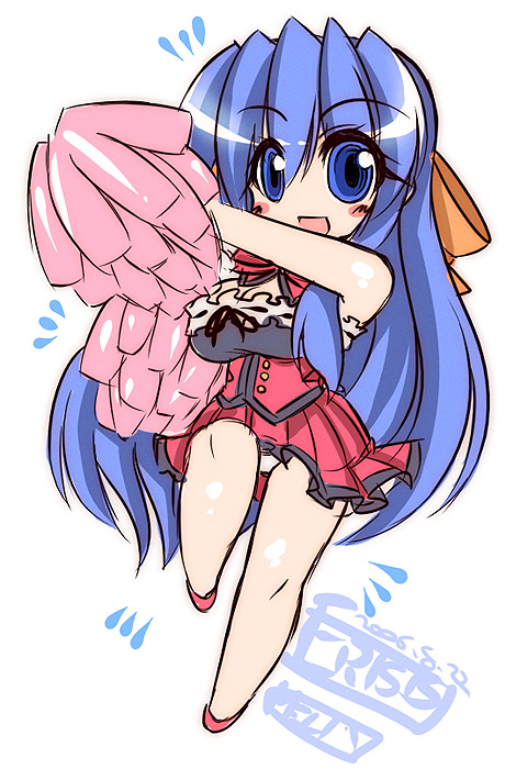 2006 artist_request blue_eyes blue_hair blush cheerleader chibi copyright_request dated long_hair pom_poms solo very_long_hair