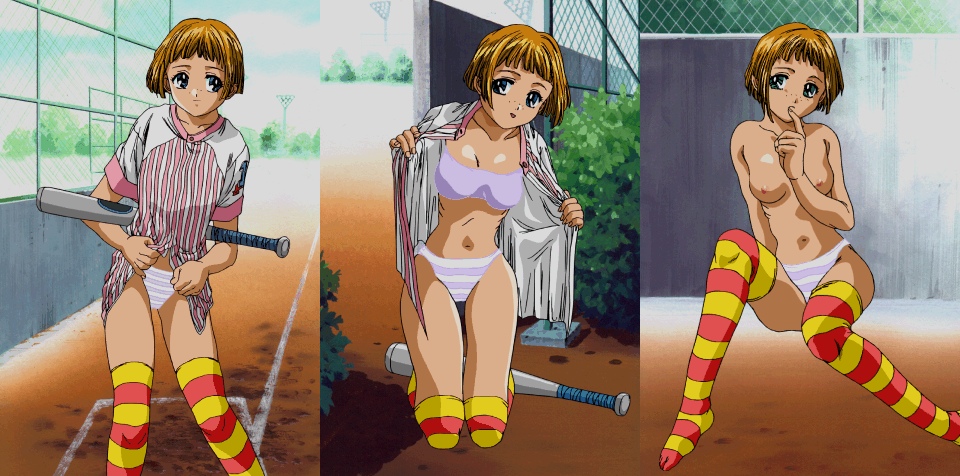 aqua_eyes artist_request baseball_bat bra breasts brown_hair copyright_request fence finger_to_mouth fingernails freckles green_eyes kneeling lingerie looking_at_viewer medium_breasts multicolored multicolored_clothes multicolored_legwear multiple_views navel nipples panties shirt short_hair sitting striped striped_legwear striped_panties striped_shirt thighhighs topless underwear underwear_only undressing vertical-striped_shirt vertical_stripes