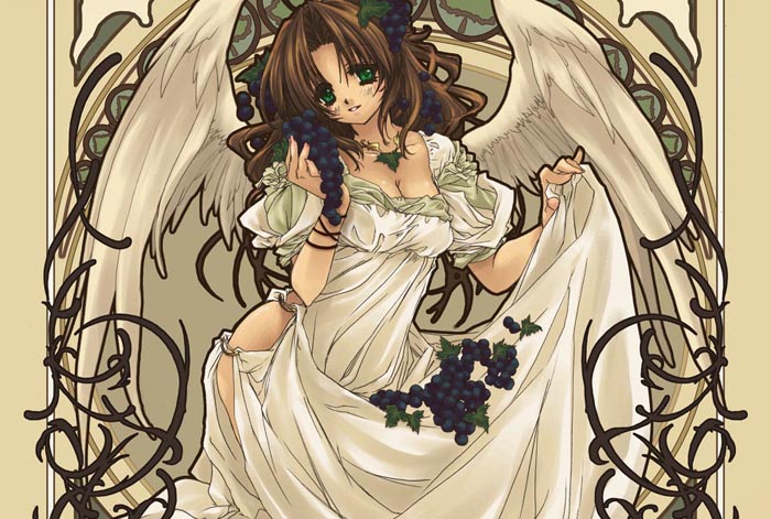 angel art_nouveau brown_hair copyright_request dress food food_as_clothes fruit grapes green_eyes long_hair malino_(dream_maker) solo wings