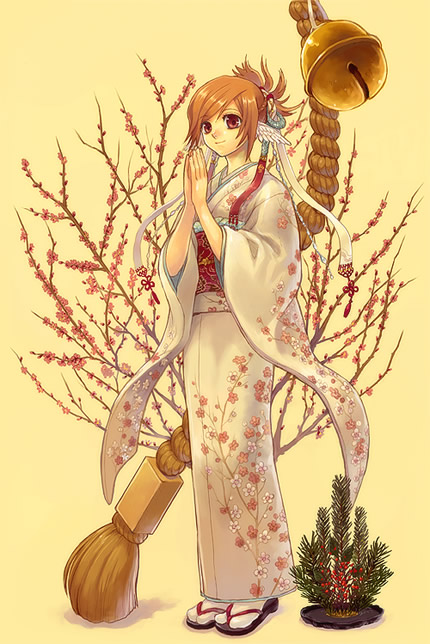 artist_request bell brown_hair cherry_blossoms festival floral_print furisode hair_ornament hands_together hatsumoude japanese_clothes jingle_bell kimono long_sleeves new_year original praying red_eyes rope short_hair shrine_bell solo tabi