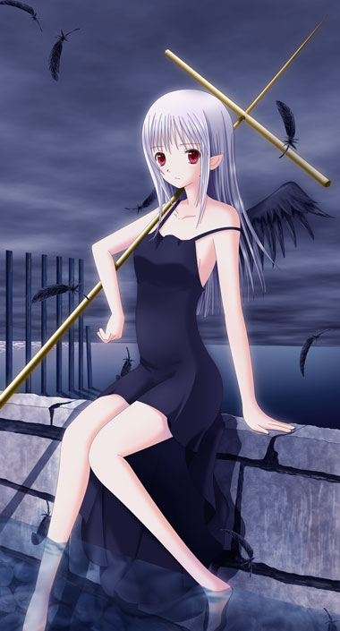 angel artist_request bad_anatomy barefoot black_dress black_wings copyright_request cross dress feathers red_eyes sitting soaking_feet solo water white_hair wings