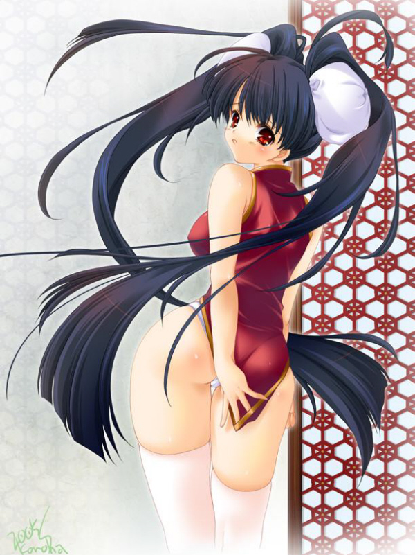 2005 artist_request ass black_hair china_dress chinese_clothes copyright_request covering covering_ass dress long_hair panties red_eyes signature solo thighhighs twintails underwear very_long_hair white_panties