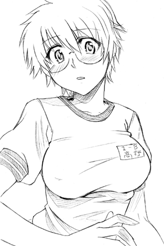 blush breasts cynthia_the_mission glasses greyscale gym_uniform inue_shinsuke large_breasts lowres monochrome short_hair solo takaya_kanae